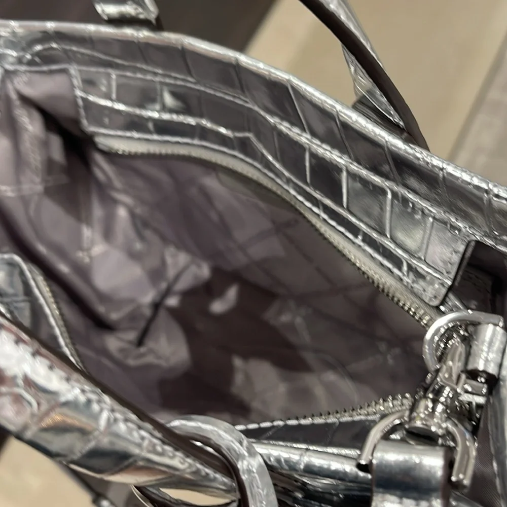 Michael Kors Gigi Small Metallic Crocodile Embossed Leather Messenger Bag Silver
